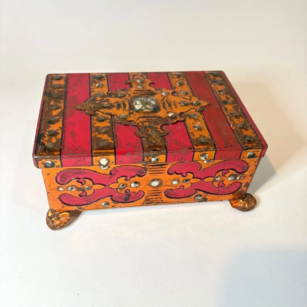 Vintage Fricke & Nacke Western Germany Tin Jewelry Box Red Orange Striped Casket